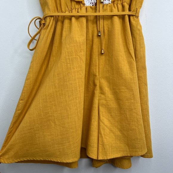 NWT Simplee Golden Yellow Crochet Lace Trim Romper - Tie Back - Linen - Medium - Picture 12 of 14